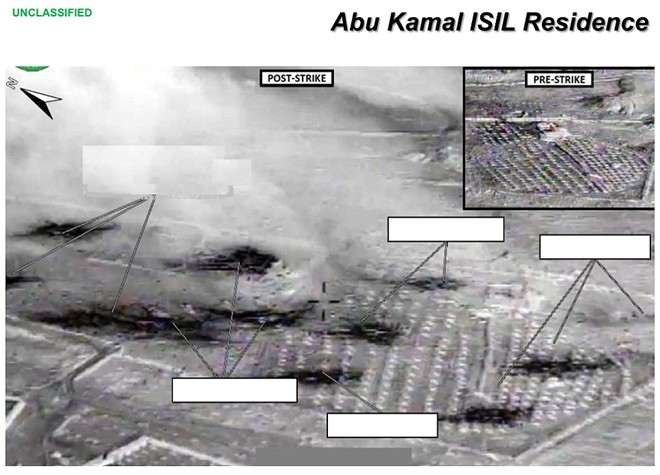 Các mục tiêu của IS ở Abu Kamel, Syria bị Mỹ dội bom. Ảnh nhỏ bên góc phải là hình ảnh khu vực trước khi cuộc không kích diễn ra. Ảnh: Lầu Năm Góc