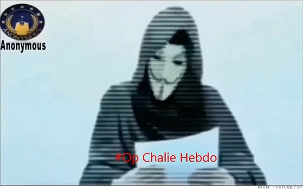 Anonymous tuyên bố sẽ trả thù cho Charlie Hebdo. (Hình ảnh trong đoạn video đăng tải trên Youtube)