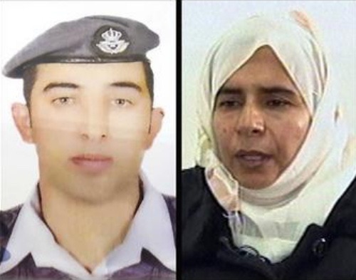 Phi công Jordan Muath al-Kaseasbe (trái) và Sajida al-Rishawi, một nữ tù nhân Iraq đang bị giam ở Jordan. Ảnh: AP