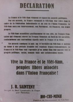 Hiệp định sơ bộ ngày 6/3/1946 được ký kết giữa Việt Nam và Dân chủ Cộng hòa Pháp. Quân Tưởng Giới Thạch rút khỏi miền Bắc Việt Nam.