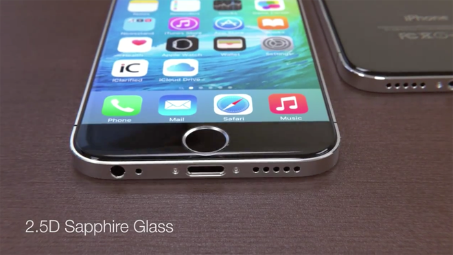Concept iPhone 7 có khung viền vuông vức và khá mỏng giống iPhone 5/5S. Tuy nhiên lỗ thoát âm được làm lớn và gồm một hàng giống iPhone 6, thay vì hai hàng.  Máy duy trì nút Home vật lý, tích hợp bảo mật vân tay. Trong khi đó mặt kính được làm vát 2,5D giúp các thao tác vuốt từ mép màn hình trở nên dễ dàng. iPhone 7 được kỳ vọng dùng kính sapphire để bảo vệ, khả năng chống trầy xước cao.