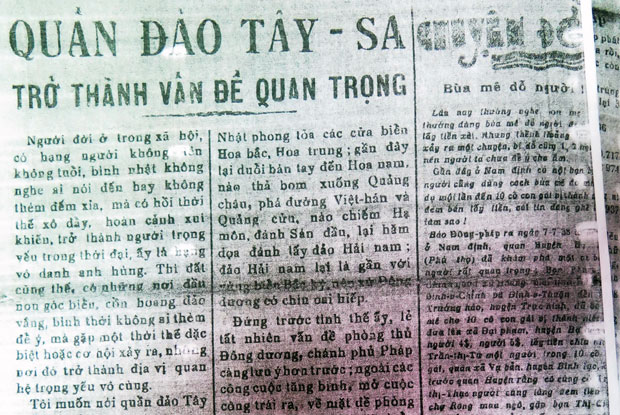 Một bài báo trên báo Tiếng Dân nói về chủ quyền của Việt Nam đối với quần đảo Hoàng Sa. Trong tiêu đề và nhiều chỗ trong các bài viết, cụ Huỳnh dùng chữ “Tây Sa” để chỉ quần đảo Hoàng Sa. (Ảnh tư liệu)