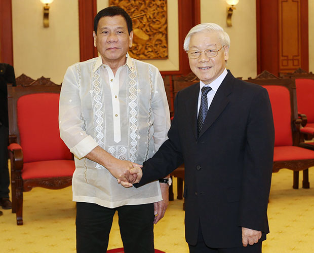 Tổng Bí thư Nguyễn Phú Trọng tiếp Tổng thống Cộng hòa Philippines Rodrigo Roa Duterte thăm chính thức Việt Nam. Ảnh: TTXVN