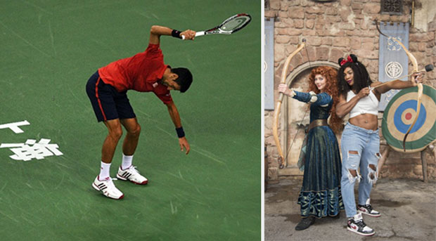 Djokovic (ảnh trái) đập vợt ở Thượng Hải và Serena (phải) thư giãn ở Disneyland.