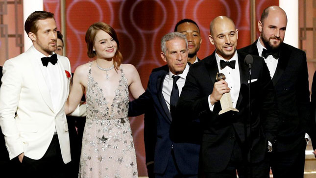 Đoàn làm phim La La Land trong niềm vui chiến thắng.  Ảnh: Hollywood Reporter