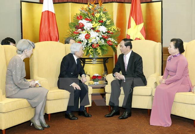 Chủ tịch nước Trần Đại Quang cùng Phu nhân và Nhà vua Nhật Bản Akihito cùng Hoàng hậu Michiko. (Ảnh: Nhan Sáng/TTXVN)