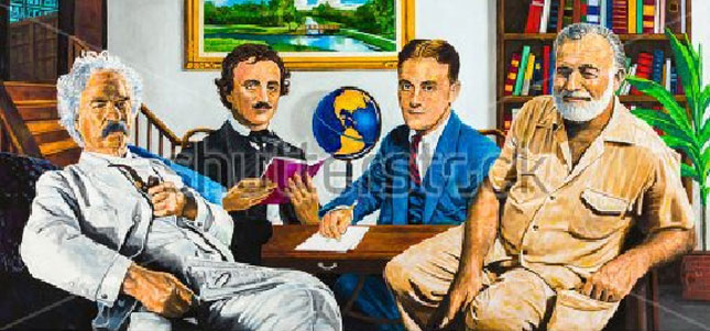 Mark Twain (ngoài cùng, bìa trái), một trong những nhà văn xuôi vĩ đại nhất nước Mỹ bên cạnh những nhà văn nổi tiếng: Edgar Allan Poe, F Scott Fitzgerald và Ernest Hemingway (từ trái qua).