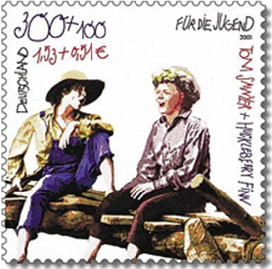 Con tem in hình các nhân vật trong tiểu thuyết của Mark Twain.