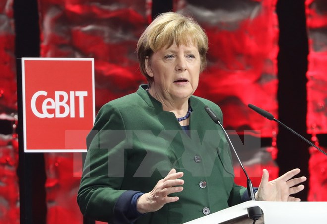 Thủ tướng Đức Angela Merkel phát biểu tại Hanover, Đức ngày 19/3. (Nguồn: EPA/TTXVN)