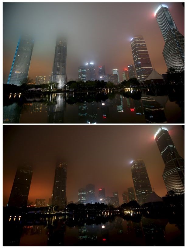 Misty beauty: Bức ảnh ấn tượng này cho thấy quận tài chính Pudong trước (ảnh trên) và trong Giờ Trái Đất ở Thượng Hải, Trung Quốc.
