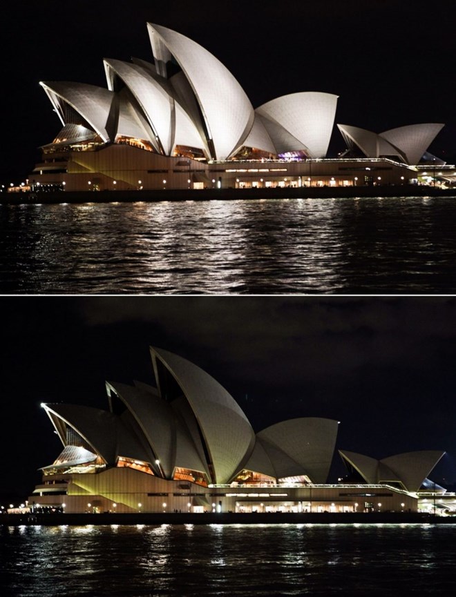Nhà hát Opera Sydney khi có đèn và không có đèn. (Nguồn: Xinhua)