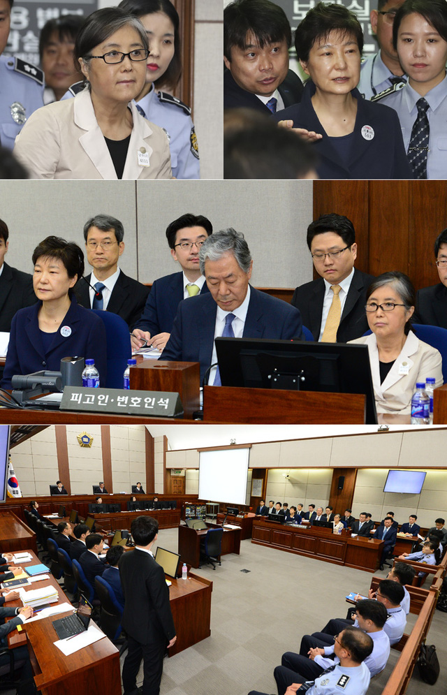 Cựu Tổng thống Park Geun-hye và bạn thân Choi Soon-sil tham gia phiên tòa ngày 23/5 (Ảnh: Korea Times)