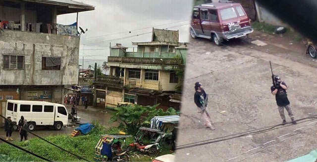 Các tay súng thuộc nhóm phiến quân nổi loạn xuất hiện trên các đường phố tại Marawi chiều 23/5 (Ảnh: Sun Star)