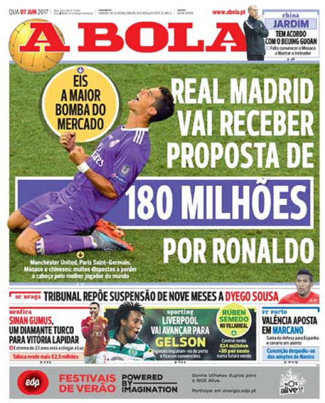 Tờ A Bola cho rằng nhiều CLB sẵn sàng chi 180 triệu euro để sở hữu C.Ronaldo
