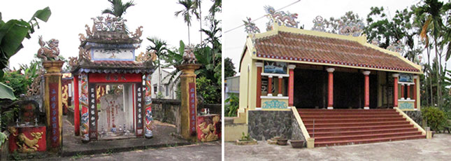 Mộ Chánh đề đốc Hùng Long hầu Lê Quý Công (ảnh trái) và Nhà thờ tiền hiền Long Xuyên, thị trấn Nam Phước. Ảnh: T.M
