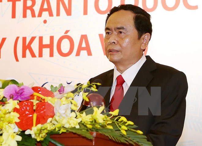 Ông Trần Thanh Mẫn phát biểu sau hội nghị hiệp thương được bầu chức vụ Chủ tịch Ủy ban Trung ương Mặt trận Tổ quốc Việt Nam khóa VIII. (Ảnh: Nguyễn Dân/TTXVN)
