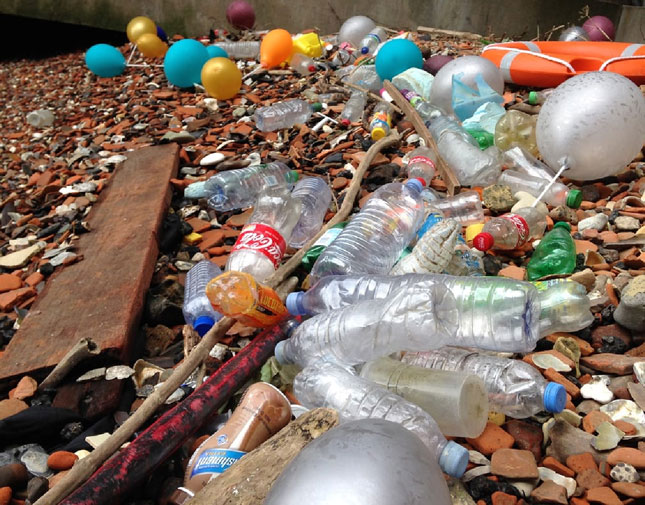 Chai nhựa và bong bóng nằm đầy ở hai bờ sông Thames (Anh).
