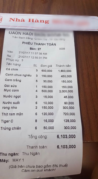 The bill totalling over 6 million VND
