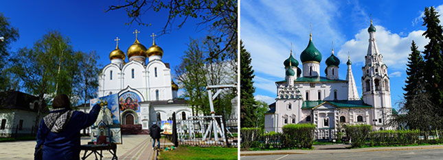 Thành phố Yaroslavl bên bờ sông Volga ở đông bắc Moskva, được thành lập năm 1010 và được gọi là thành phố 100 nhà thờ. Nhà thờ chính tòa Đức Mẹ Thăng thiên ở Yaroslavl là một trong những công trình chính của thành phố. (Trong ảnh: Các họa sĩ vẽ tranh sơn dầu phía trước nhà thờ). Nhà thờ tiên tri Elijah (ảnh phải) được xây dựng từ năm 1647-1650, là một trong những di tích được bảo tồn tốt nhất, hoàn chỉnh nhất của Yaroslavl luôn thu hút đông đảo du khách trên thế giới.
