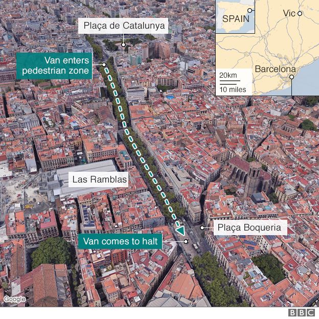Vụ tấn công xảy ra tại khu vực Las Ramblas, nơi thường đông khách du lịch, ở thành phố Barcelona (Đồ họa: BBC)