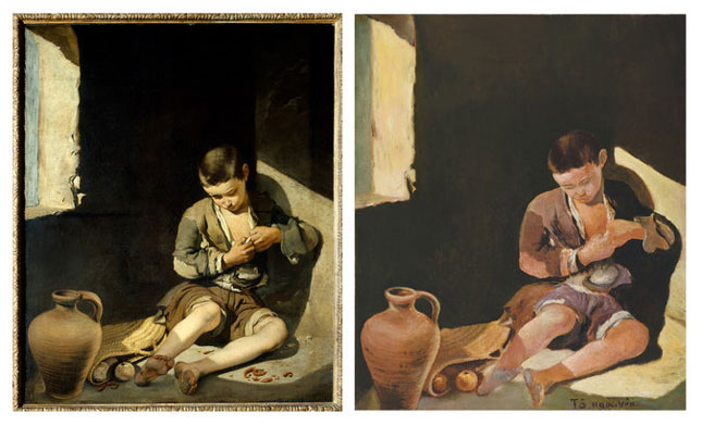 Bức “Người ăn xin trẻ tuổi” của Bartolomé Murillo, vẽ năm 1650 (trái) và bức “Giấc mơ ngày sắp đến” ký tên Tô Ngọc Vân vẽ khoảng năm 1940 đã bị chuyên gia mỹ thuật Việt Nam phát hiện chép và giả mạo chữ ký.
