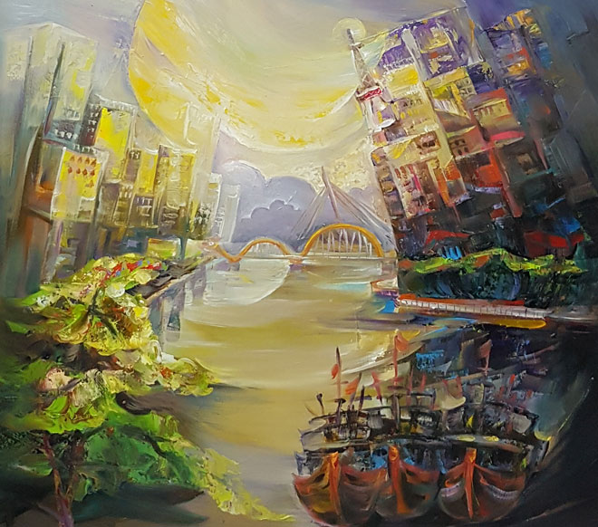 Tranh sơn dầu “Một thoáng Đà Nẵng” của họa sỹ Hồ Đình Nam Khqa tưng bày tại triển lãm.