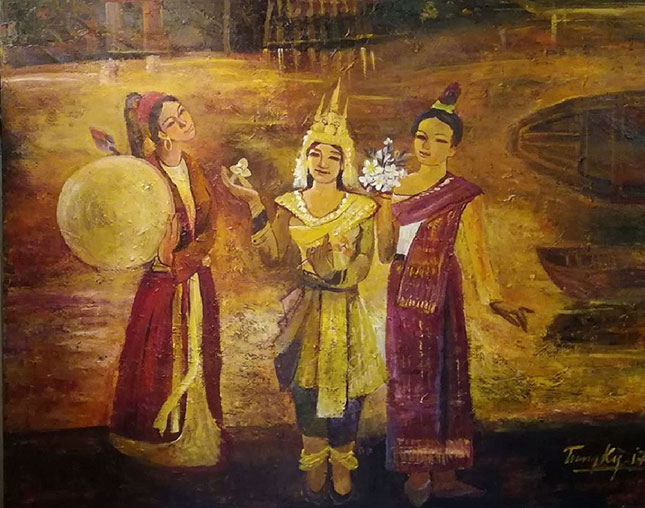 Tác phẩm Chung một dòng sông của họa sĩ Nguyễn Trung Kỳ miêu tả hình ảnh ba phụ nữ đại diện cho ba dân tộc Việt Nam - Lào - Campuchia trong các bộ trang phục truyền thống.                                 Ảnh: NGỌC HÀ