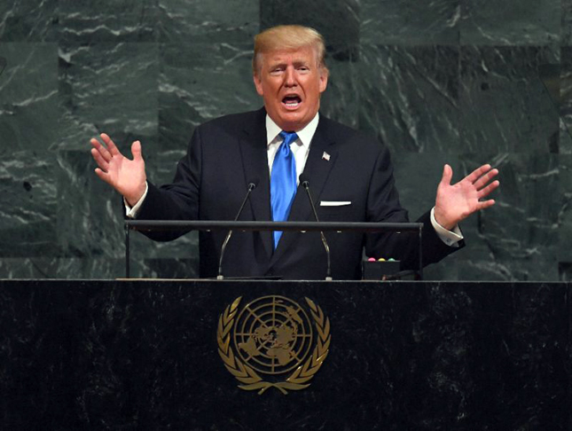 Tổng thống Donald Trump phát biểu tại Đại hội đồng Liên Hợp Quốc chỉ trích CHDCND Triều Tiên và tái khẳng định nguyên tắc “nước Mỹ là trên hết”. Ảnh: AFP
