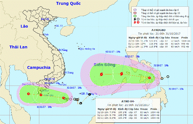 Sơ đồ dự báo đường đi của áp thấp nhiệt đới gần bờ và áp thấp nhiệt đới gần Biển Đông. Ảnh: KTVN
