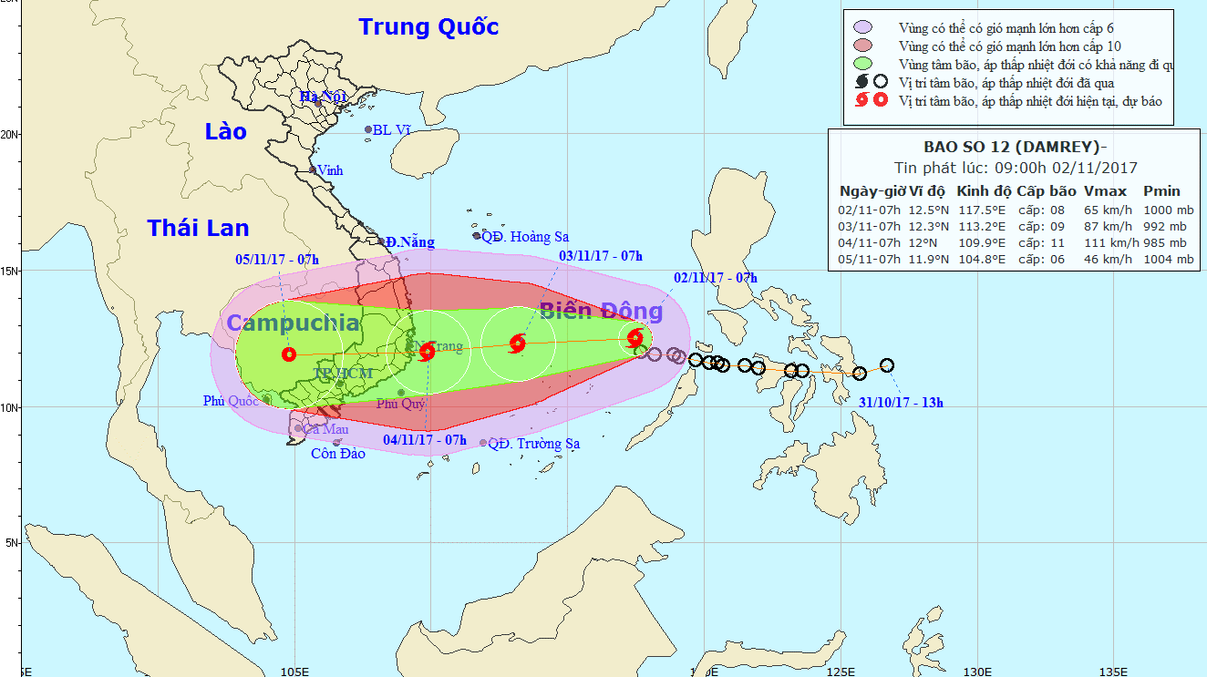 Sáng nay, áp thấp nhiệt đới mạnh lên thành bão và dự báo có khả năng mạnh thêm, tiến thẳng vào Nam Trung Bộ (1)