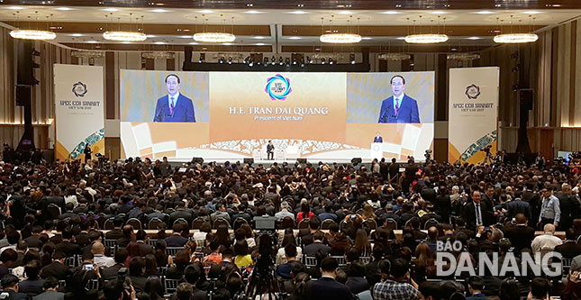 Chủ tịch nước Trần Đại Quang phát biểu tại APEC CEO Summit 2017.Ảnh: ĐẶNG NỞ