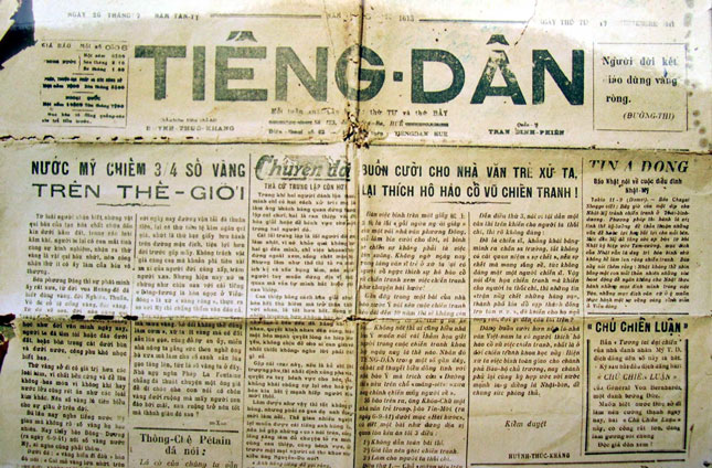 Một trang Báo Tiếng Dân số 1613 ra ngày thứ Tư, 17-9-1941, hiện trưng bày tại Nhà lưu niệm Huỳnh Thúc Kháng ở Tiên Phước. (Ảnh: VTL)