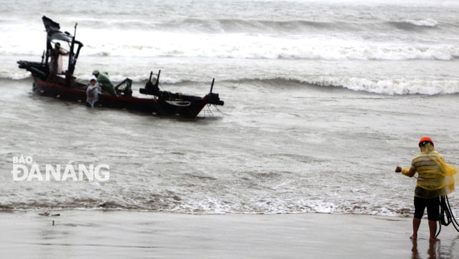 :    Sáng 2-12, nhiều ngư dân phường Mân Thái (quận Sơn Trà) tìm cách kéo thuyền lên bờ để tránh sóng lớn và gió mạnh.