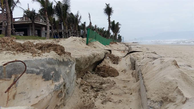 Temporary concrete blocks are set up to prevent beach erosion in Đà Nẵng City. — VNS Photo Công Thành Read more at http://vietnamnews.vn/environment/418942/da-nang-beaches-face-worst-erosion-in-decades.html#u3mhplBBVVmxC4SA.99