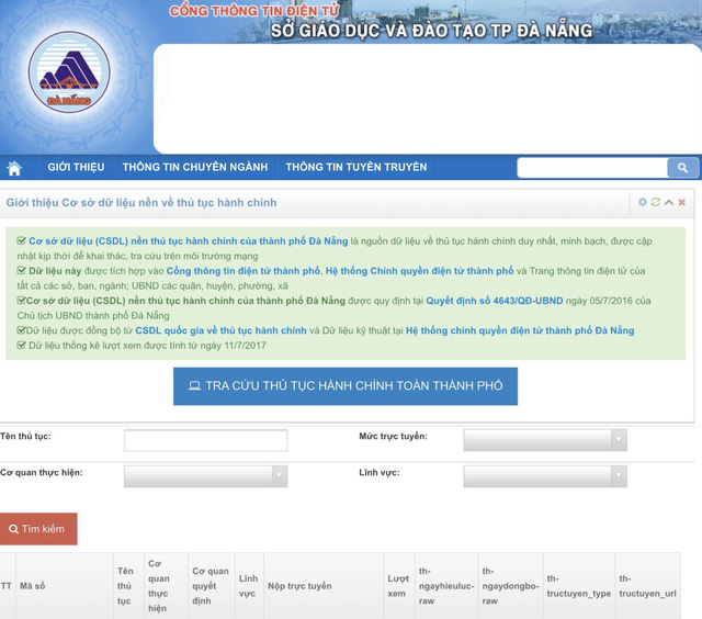 Giao diện trang đăng ký thủ tục trực tuyến của Sở GD&ĐT Đà Nẵng.