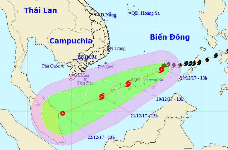 Dự kiến đêm nay (19-12), bão số 15 đổ bộ quần đảo Trường Sa.