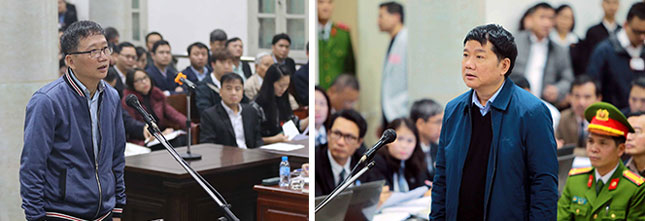 Bị cáo Trịnh Xuân Thanh (trái) và bị cáo Đinh  La Thăng tại tòa. Ảnh: TTXVN