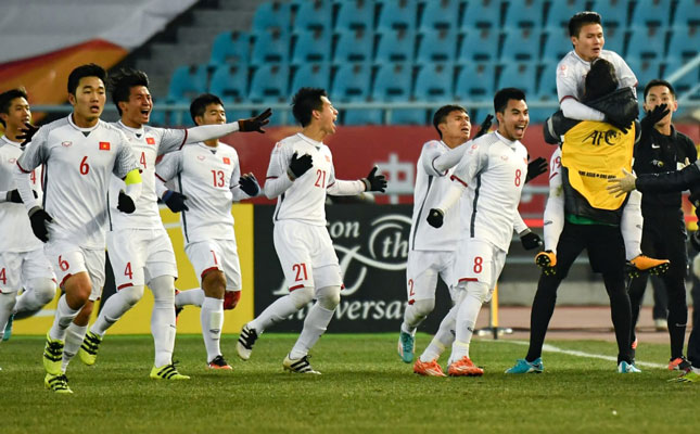 Niềm vui chiến thắng của đội tuyển U23 Việt Nam sau khi giành quyền vào chung kết U23 châu Á.  							                         Ảnh: AFC