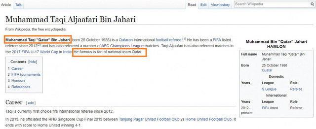Trang Wikipedia về trọng tài người Singapore bị chỉnh sửa