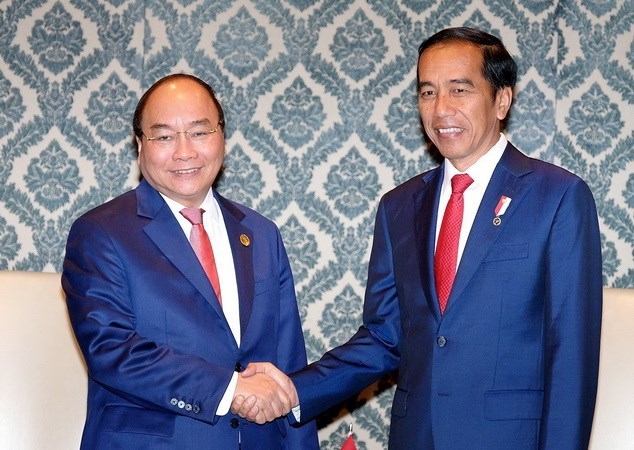Prime Minister Nguyen Xuan Phuc (L) meets Indonesian President Joko Widodo in New Delhi, India, on the sidelines of the ASEAN-India Commemorative Summit marking the 25th Anniversary of ASEAN-India Dialogue Relations (Photo: VNA