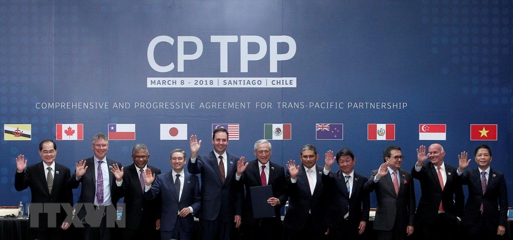 Bộ trưởng Công Thương Trần Tuấn Anh (phải) cùng đại diện 10 nước tham gia lễ ký Hiệp định CPTPP chụp ảnh chung tại hội nghị ở Santiago ngày 8/3. (Nguồn: AFP/TTXVN)