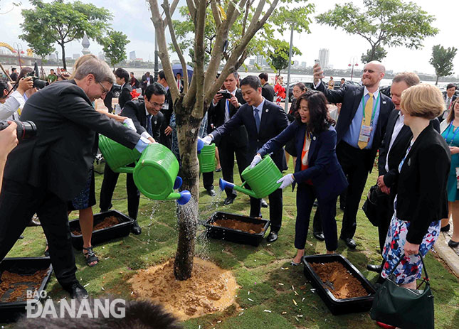 Đại biểu các nền kinh tế thành viên APEC trồng cây xanh trong khuôn viên Công viên APEC.  								Ảnh: HOÀNG HIỆP