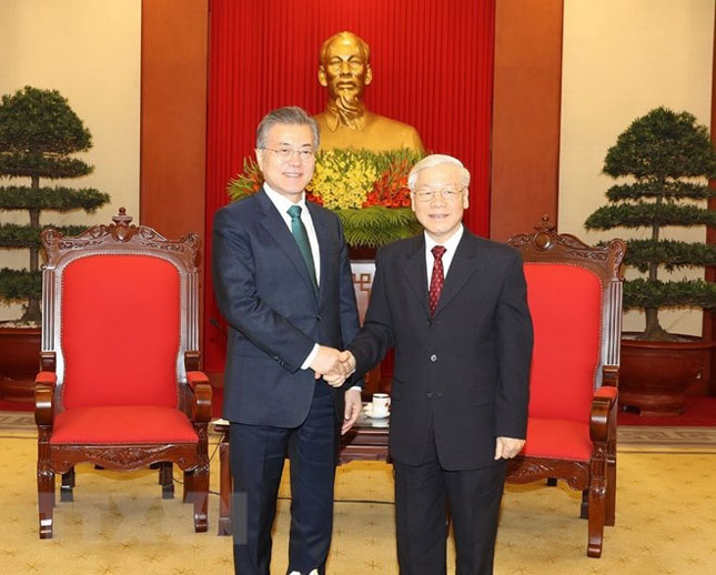 Tổng Bí thư Nguyễn Phú Trọng tiếp Tổng thống Hàn Quốc Moon Jae-in thăm cấp Nhà nước tới Việt Nam. Ảnh: TTXVN
