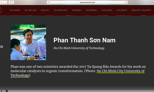 Thông tin về GS.TS Phan Thanh Sơn Nam trên tạp chí Asian Scientist