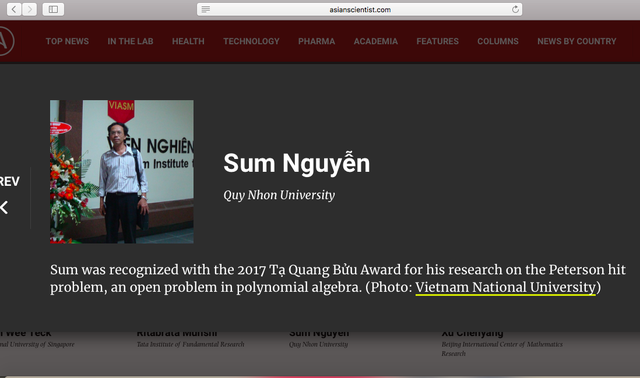 Thông tin của PGS.TS Nguyễn Sum, trường ĐH Quy Nhơn được tạp chí Asian Scientist công bố