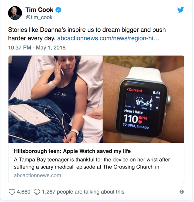 CEO Tim Cook chia sẻ về câu chuyện truyền cảm hứng từ Apple Watch.