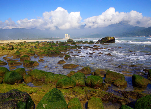 Bãi đá rêu phong bên bờ biển Nam Ô, phía nam chân đèo Hải Vân. Ảnh: NHÂN MÙI