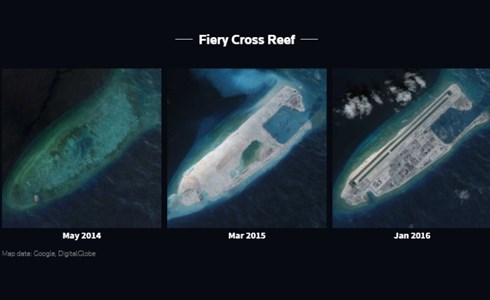 Hình ảnh vệ tinh cho thấy đá Chữ Thập bị Trung Quốc cải tạo phi pháp thành đảo nhân tạo chỉ trong vòng chưa đầy 2 năm. Ảnh: DigitalGlobe