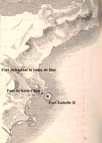 Vị trí pháo đài Định Hải dưới tên gọi Fort Isabelle II trên bản đồ chiến sự Pháp năm 1860 (Thiết lập tiếng Pháp từ bản đồ vịnh Đà Nẵng trên báo “Le Monde Illustré” ra ngày 12-5-1860 tại Paris, Pháp,  trang 312-313).