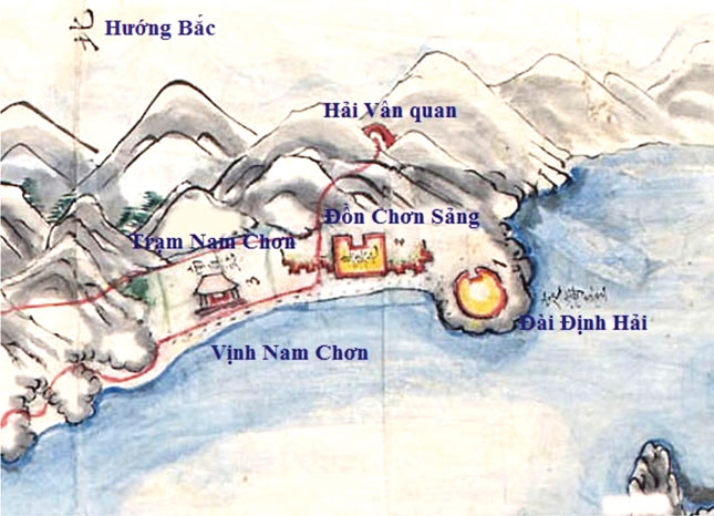 Vị trí pháo đài Định Hải trên bản đồ của quân Nguyễn năm 1859 (Thiết lập thêm tiếng Việt từ bản đồ chiến sự Đà Nẵng theo nguồn: https://vi.wikipedia.org/wiki/(1858-1859)/media/File:Carte_de_Tourane_1859.jpg)